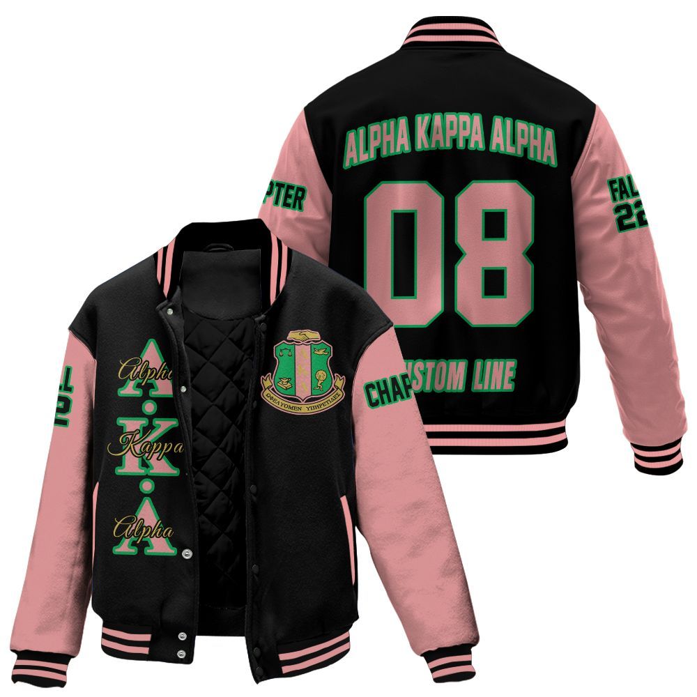 Ireishprint A.K.A Custom Chapter Stitched Jacket, Personalized Black Mix Salmon Pink 1908 Sorority Embroidered Jacket