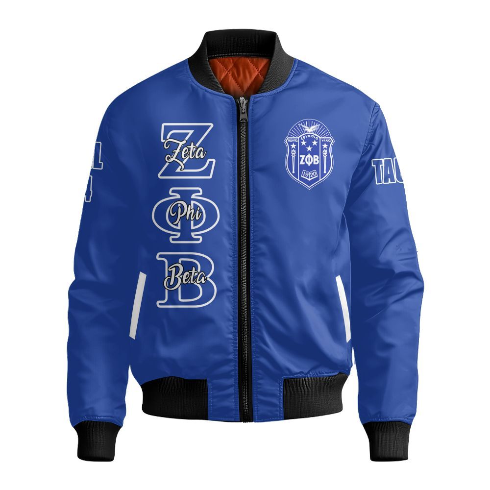 Ireishprint Zeta Phi Beta Custom Chapter Bomber Jacket, Personalized Blue Zeta Phi Beta Sorority Bomber Jacket