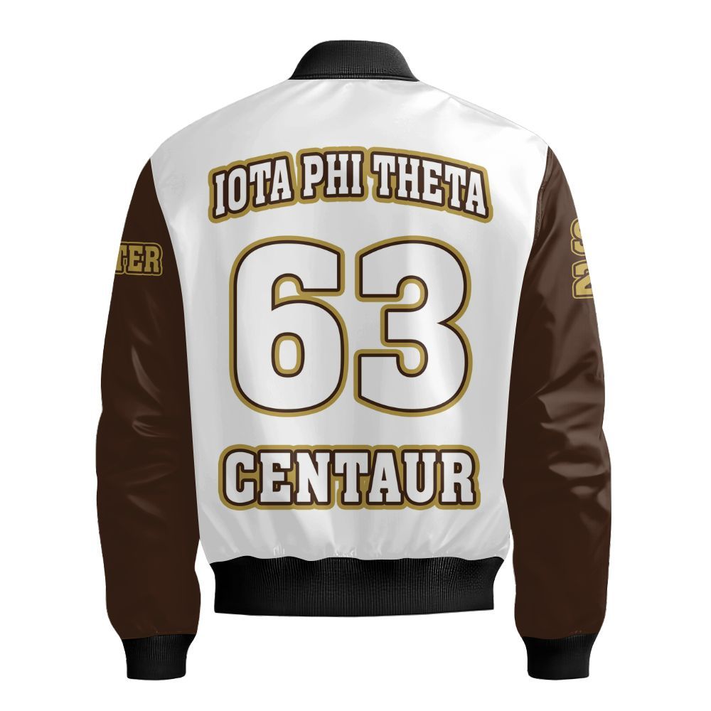 Ireishprint Iota Phi Theta Custom Chapter Shirt, Personalized Charcoal Brown Sleeves White Shirt Iota Phi Theta Fraternity Bomber Jacket