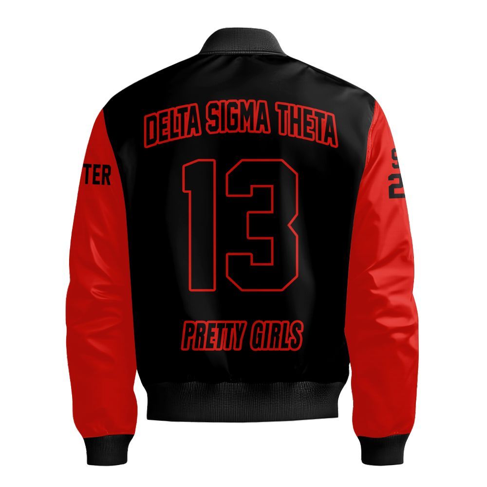 Ireishprint Delta Sigma Theta Custom Chapter Shirt, Personalized Black Mix Crimson Shirt Delta Sigma Theta Sorority Bomber Jacket
