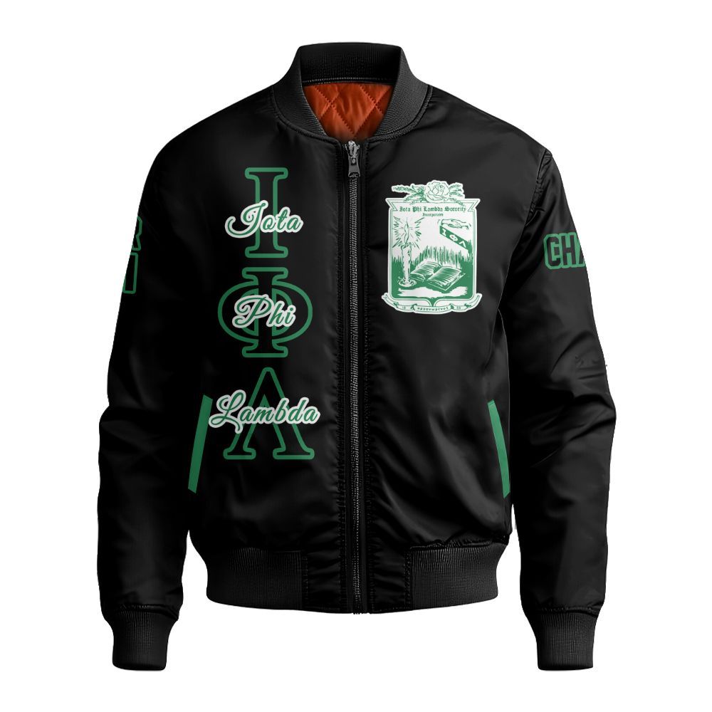 Ireishprint Iota Phi Lambda Custom Chapter Cardigan, Personalized Black Emerald Green Cardigan Iota Phi Lambda Sorority Bomber Jacket