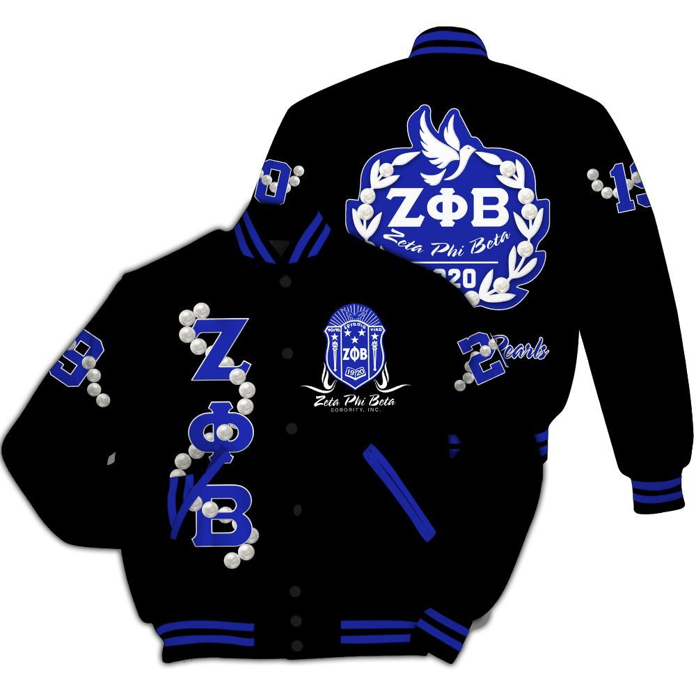 Ireishprint Zeta Phi Beta Varsity Jacket, Z Phi B Pearl Girls Black Varsity Jacket 1920 Zeta Phi Beta Sorority Jacket