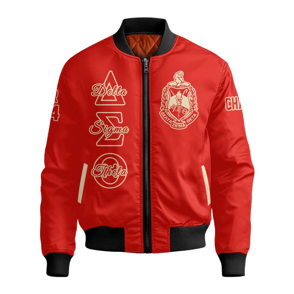 Ireishprint Delta Sigma Theta Custom Chapter Off Shoulder Sweatshirt, Personalized Crimson Delta Sigma Theta Sorority Bomber Jacket