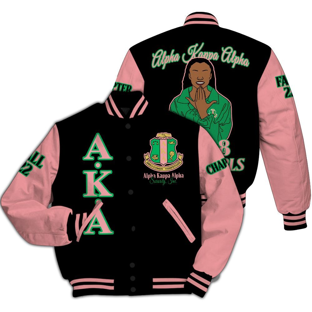 Ireishprint A.K.A Custom Chapter Varsity Jacket, Personalized Black Mix Salmon Pink Jacket A.K.A Sorority Jacket