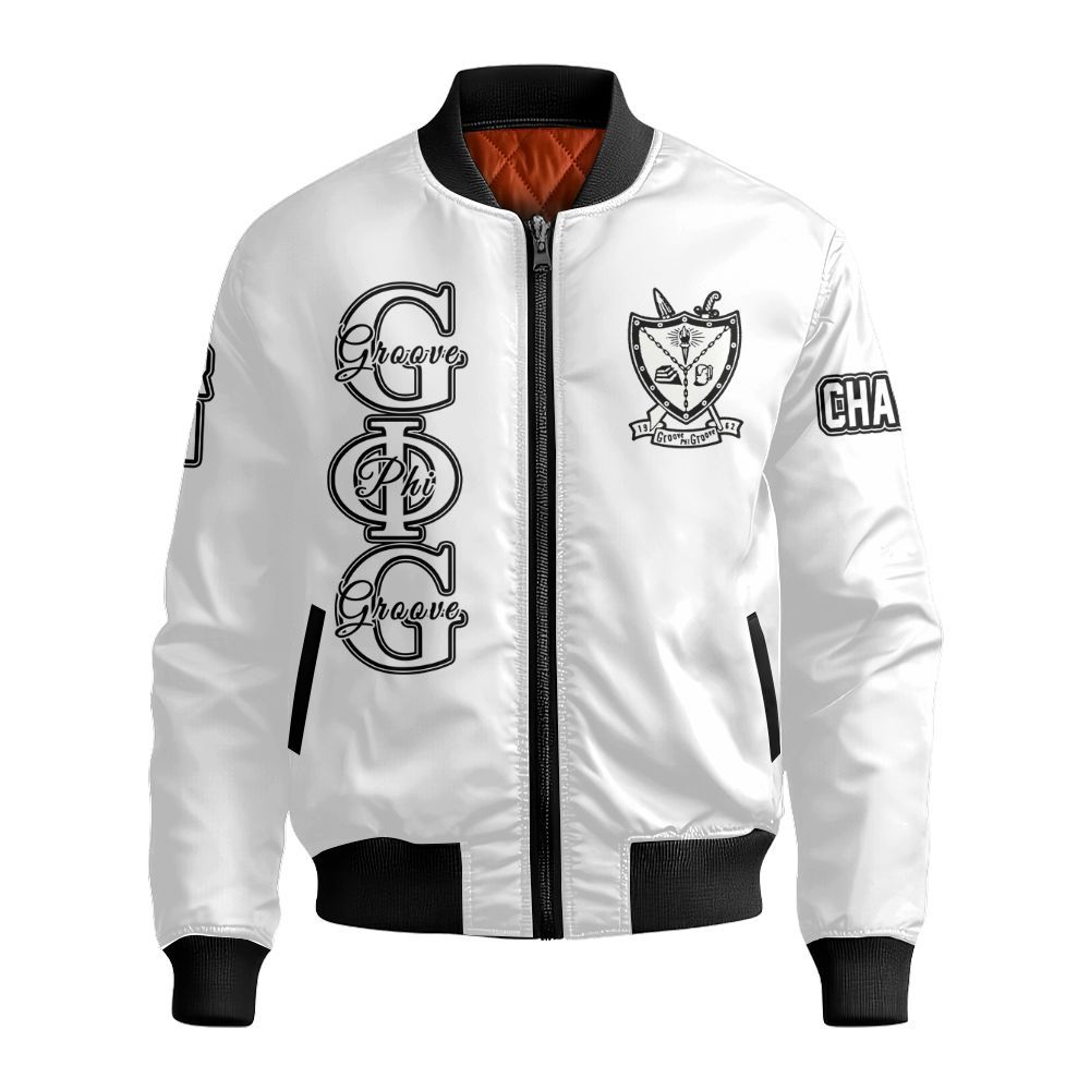 Ireishprint Groove Phi Groove Custom Chapter Stitched Jacket, Personalized Black White Stitched Jacket Groove Phi Groove Fraternity Bomber Jacket