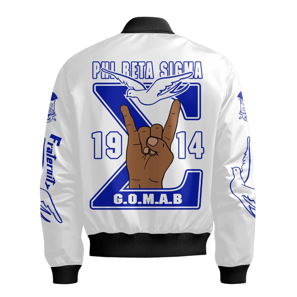 Ireishprint Phi Beta Sigma Bomber Jacket, Dove Hand Sign White Jacket Phi Beta Sigma Fraternity Bomber Jacket