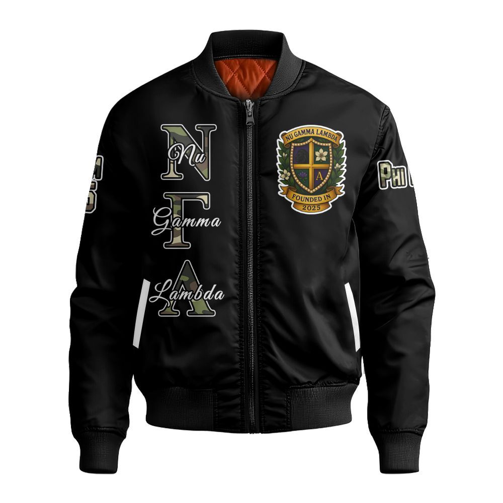 Ireishprint Nu Gamma Lambda Custom Line Crossing Jacket, Personalized Black Camo Nu Gamma Lambda Sorority Bomber Jacket