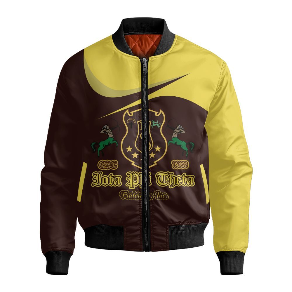 Ireishprint Iota Phi Theta Varsity Jacket, Charcoal Brown Gold Sleeves ΙΦΘ Founded 1963 Fraternity Bomber Jacket