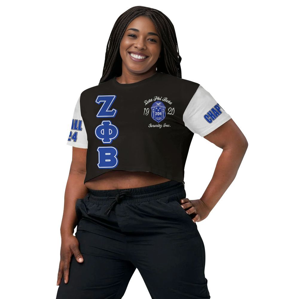 Ireishprint Zeta Phi Beta Custom Chapter Crop Shirt, Personalized Z Phi B Black Blue Sleeve 1920 Sorority Crop Top