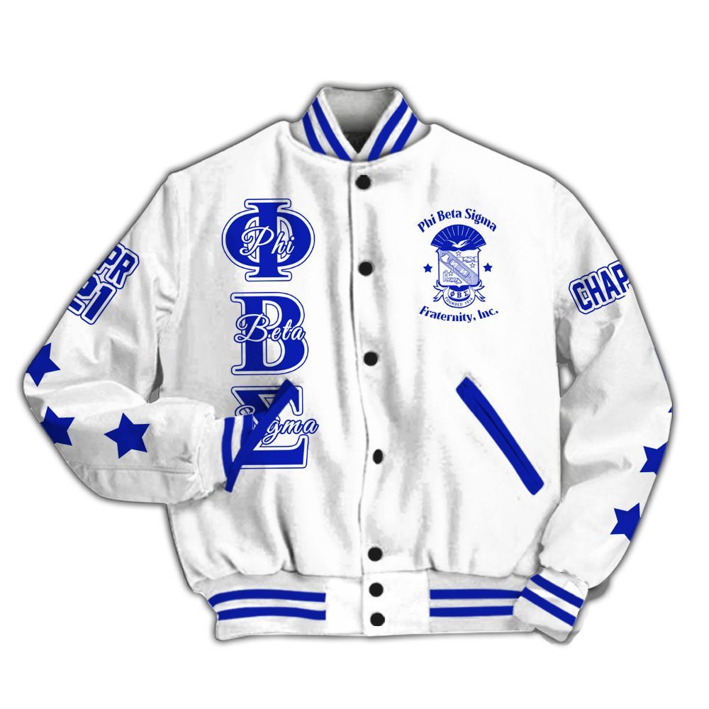 Ireishprint ΦΒΣ Custom Chapter Varsity Jacket, Personalized Three Stars White Royal Blue Jacket ΦΒΣ Fraternity Jacket