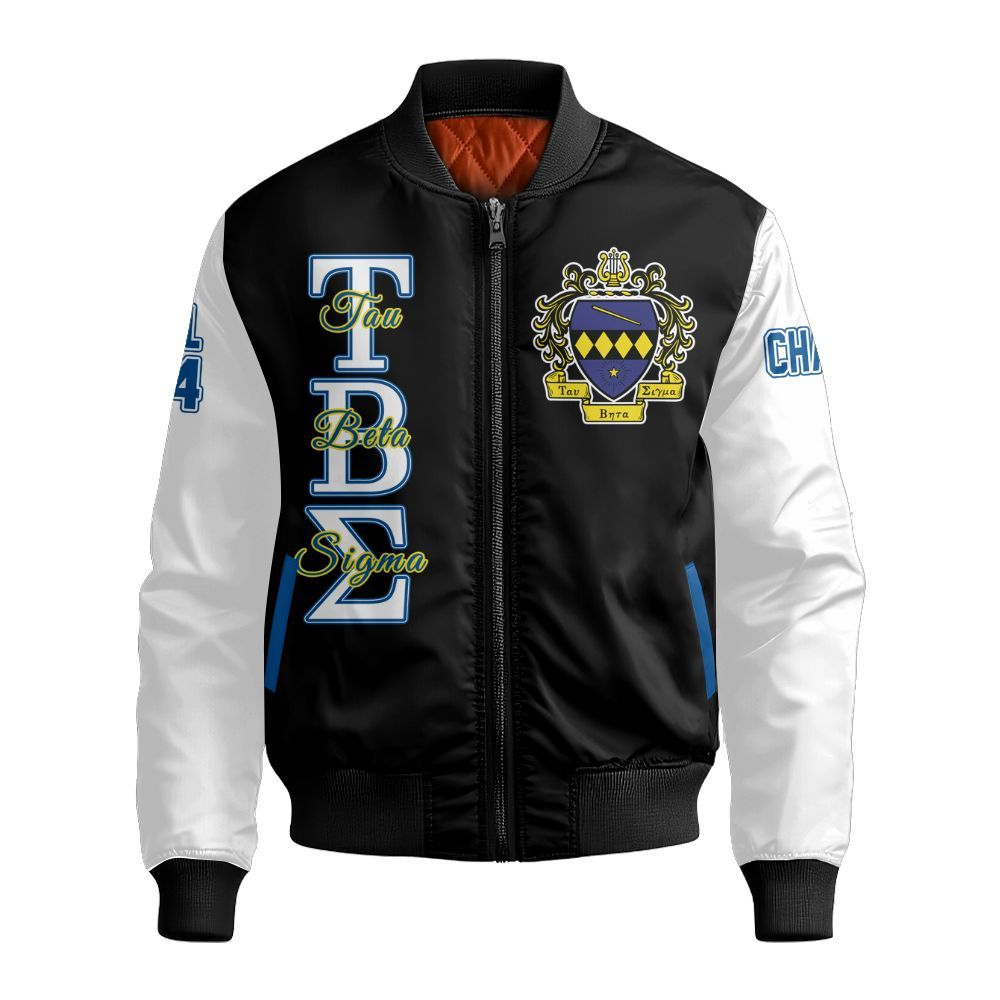Ireishprint Tau Beta Sigma Custom Chapter Off Shoulder Sweatshirt, Personalized Black Mix White Tau Beta Sigma Sorority Bomber Jacket