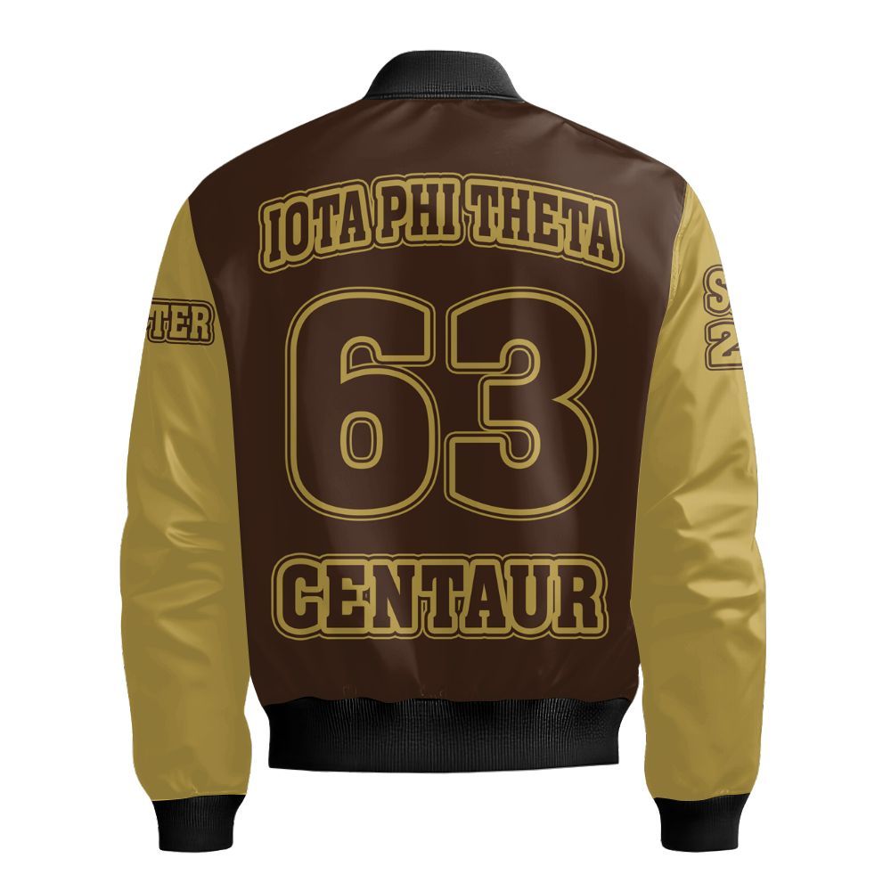 Ireishprint Iota Phi Theta Custom Chapter Bomber Jacket, Personalized Gilded Gold Sleeve Charcoal Brown Iota Phi Theta Fraternity Bomber Jacket