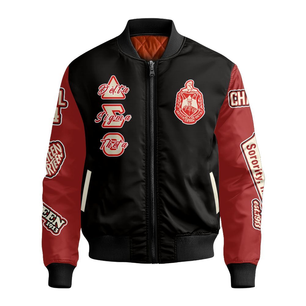 Ireishprint Delta Sigma Theta Custom Chapter Bomber Jacket, Delta Sigma Theta Sisterhood Black 1913 Sorority Bomber Jacket