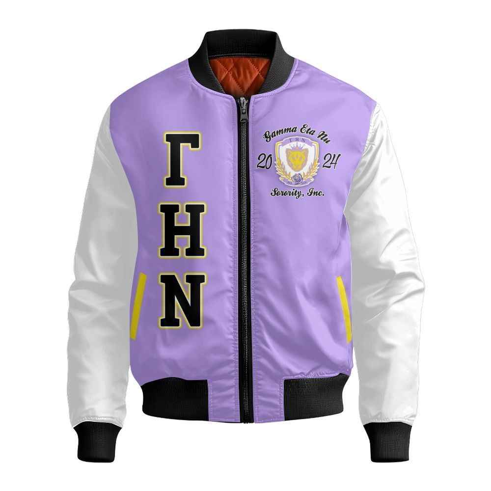 Ireishprint Gamma Eta Nu Sorority Custom Chapter Varsity Jacket, Lavender Purple Mix White Sleeves Gamma Eta Nu Sorority Bomber Jacket