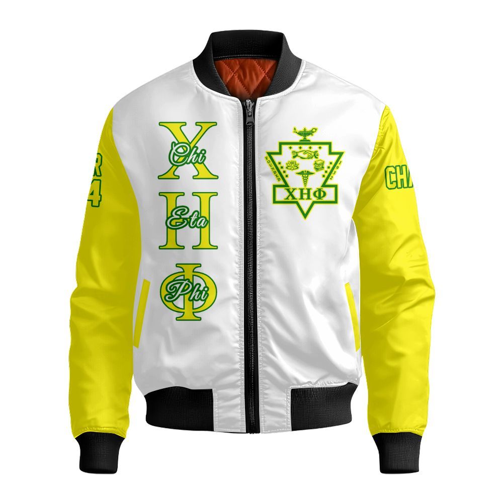Ireishprint Chi Eta Phi Custom Chapter Varsity Jacket, Personalized White Mix Lemon Varsity Jacket Chi Eta Phi Since 1932 Sorority Bomber Jacket