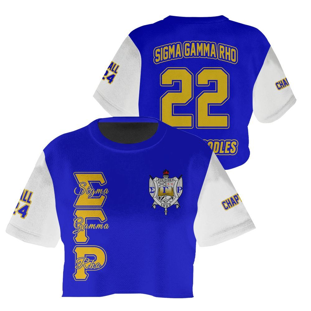 Ireishprint Sigma Gamma Rho Custom Chapter Crop Shirt, Personalized Royal Blue Mix White Sigma Gamma Rho Sorority Crop Top 3D