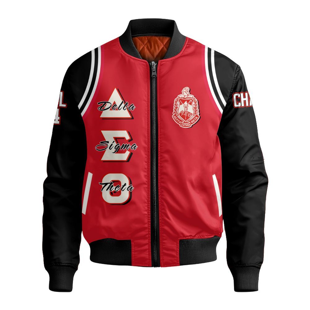 Ireishprint Delta Sigma Theta Custom Chapter Varsity Jacket, Delta Sigma Theta Black Curved Shoulder Style Black Sleeve 1913 Sorority Bomber Jacket