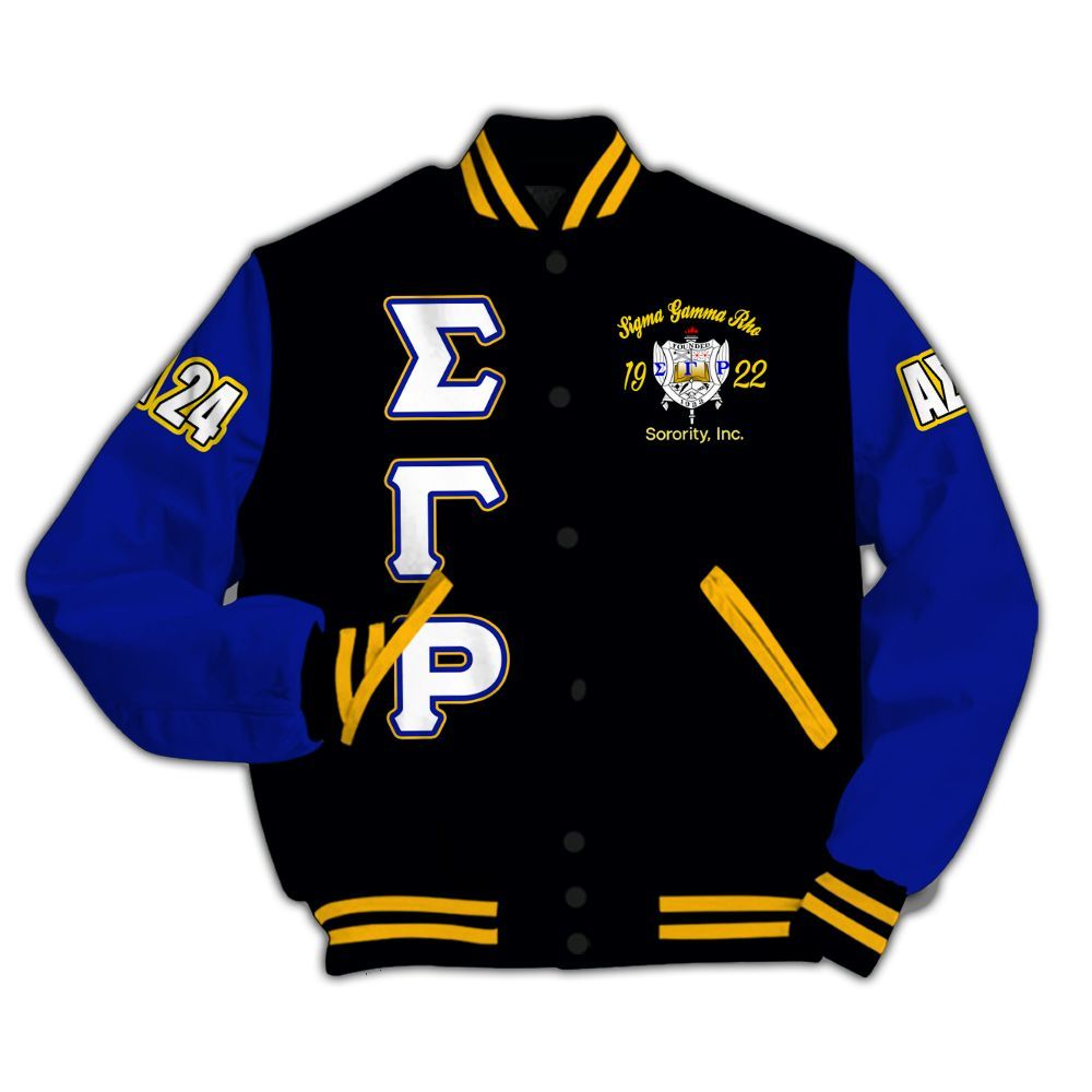 Ireishprint Sigma Gamma Rho Custom Chapter Varsity Jacket, RHoyal Pretty Black Mix Gold Style 1922 Sorority Jacket