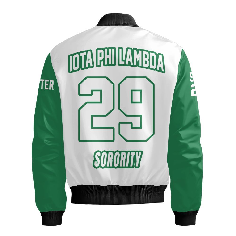 Ireishprint Iota Phi Lambda Custom Chapter Shirt, Personalized White Mix Emerald Green Shirt Iota Phi Lambda Sorority Bomber Jacket