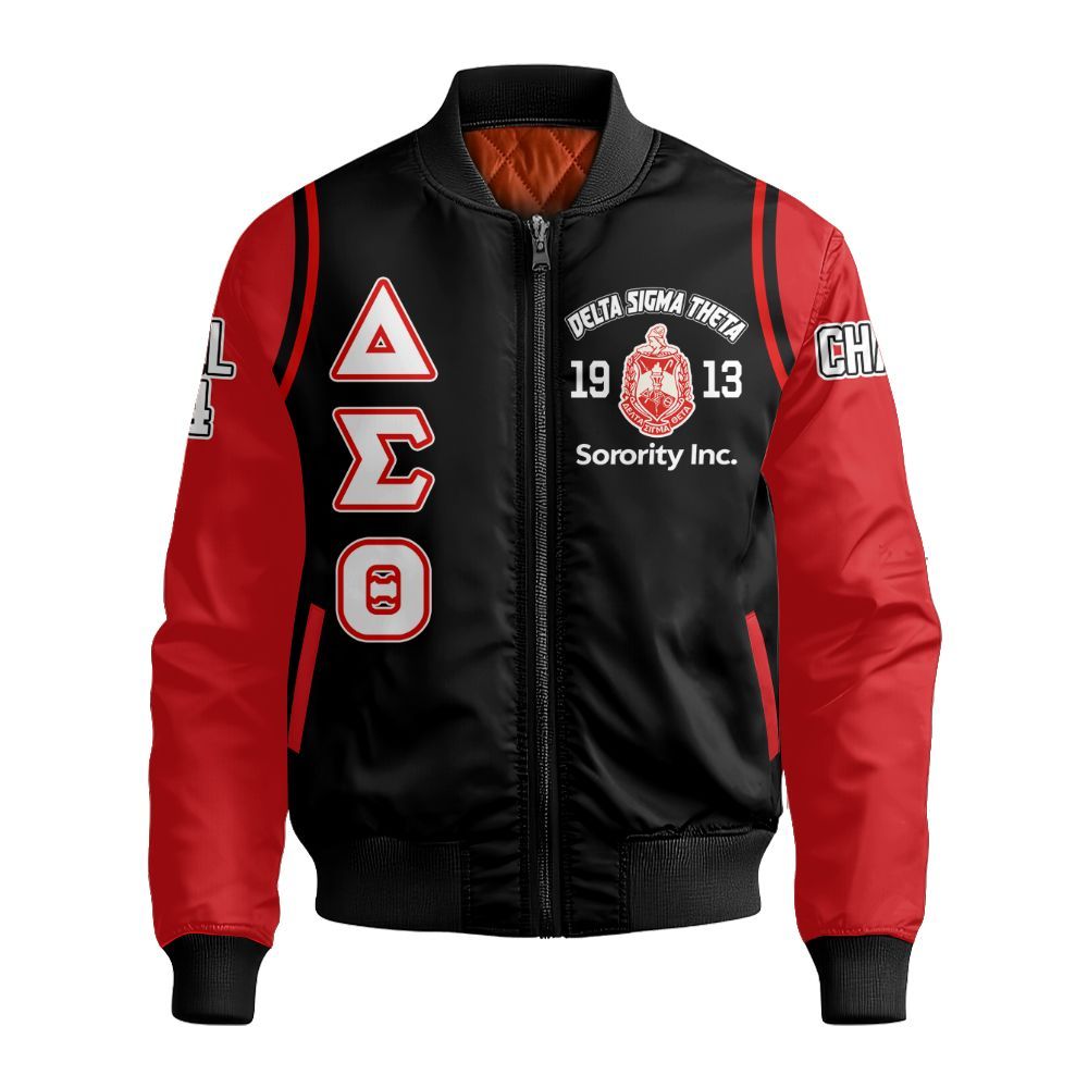 Ireishprint Delta Sigma Theta Custom Chapter Varsity Jacket, Delta Sigma Theta Red Curved Shoulder Style White Sleeve 1913 Sorority Bomber Jacket