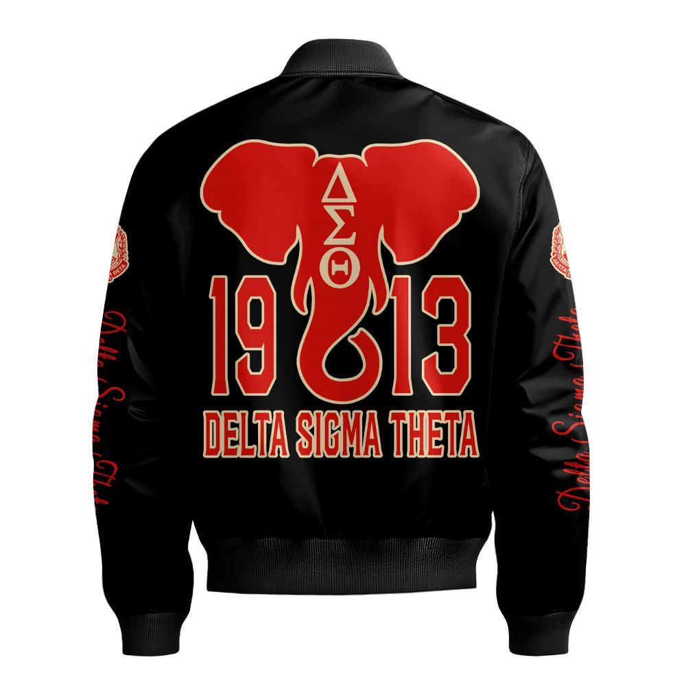 Ireishprint Delta Sigma Theta Bomber Jacket, Delta Elephant Hand Sign Black Delta Sigma Theta Sorority Bomber Jacket