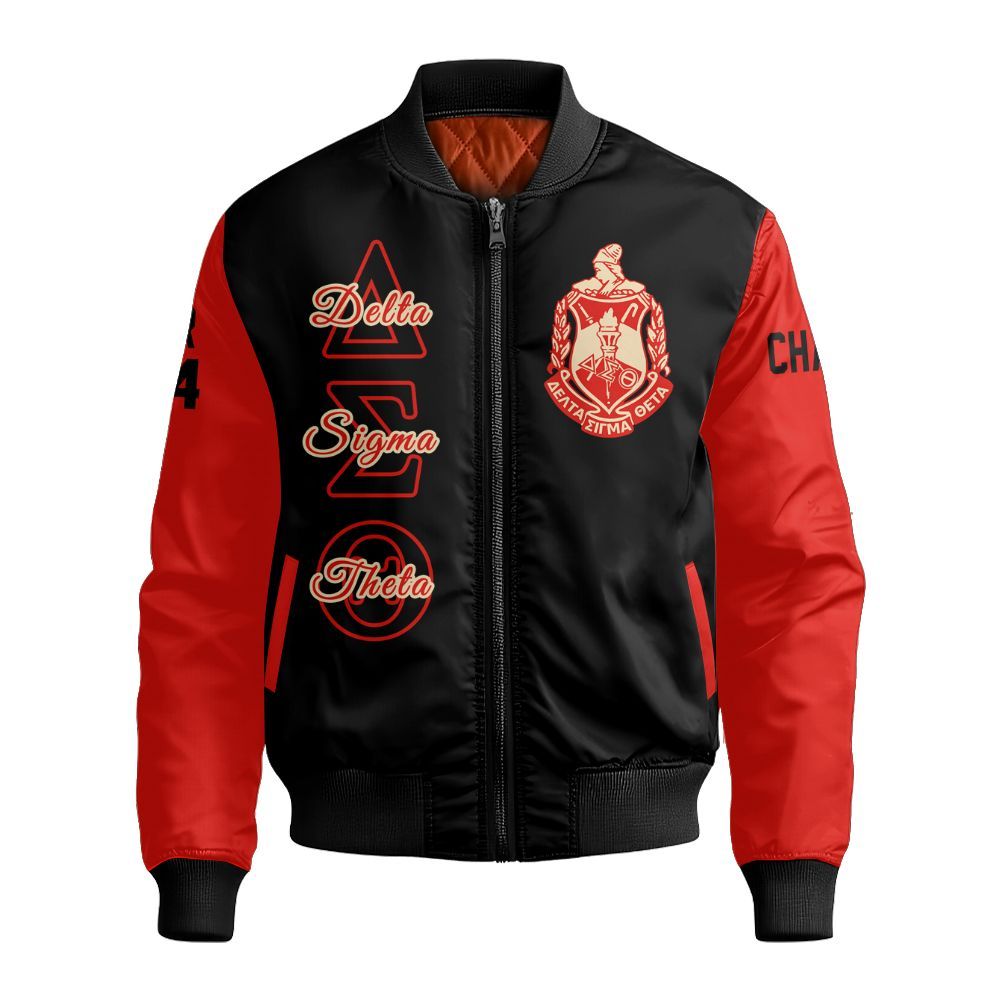 Ireishprint Delta Sigma Theta Custom Chapter Shirt, Personalized Black Mix Crimson Shirt Delta Sigma Theta Sorority Bomber Jacket