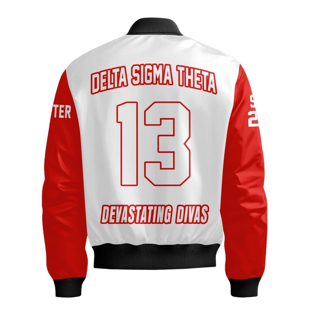 Ireishprint Delta Sigma Theta Custom Chapter Bomber Jacket, Personalized White Mix Crimson Sleeve Delta Sigma Theta Sorority Bomber Jacket