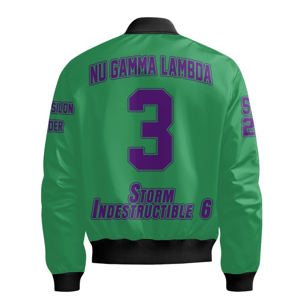 Ireishprint Nu Gamma Lambda Custom Line Crossing Jacket, Personalized Kelly Green Purple Jacket Nu Gamma Lambda Sorority Bomber Jacket