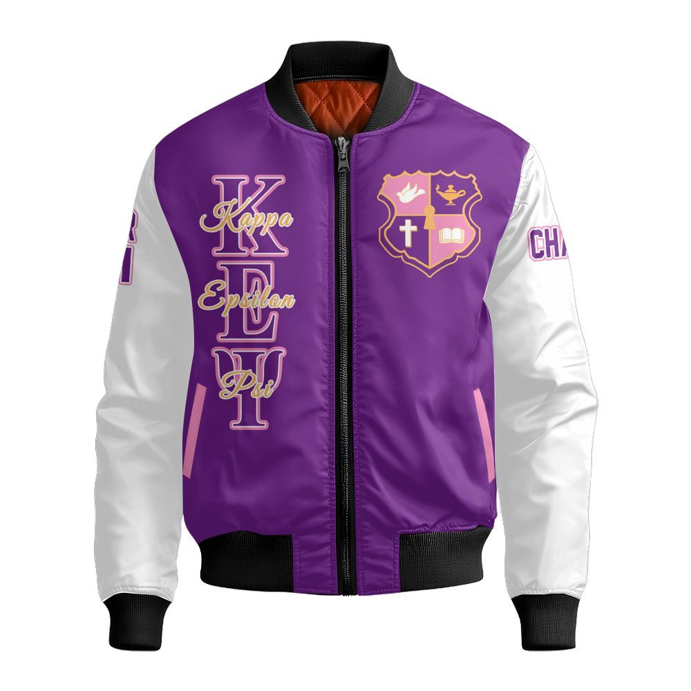 Ireishprint Kappa Epsilon Psi Military Custom Chapter Varsity Jacket, Personalized Purple Mix White Kappa Epsilon Psi Military Sorority Bomber Jacket