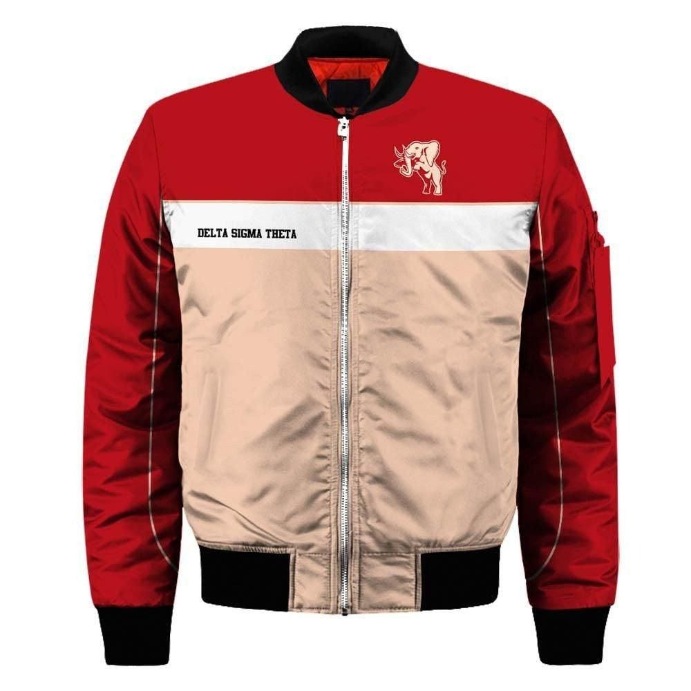 Delta Sigma Theta Red White Beige Sleeve Zip Bomber Jacket