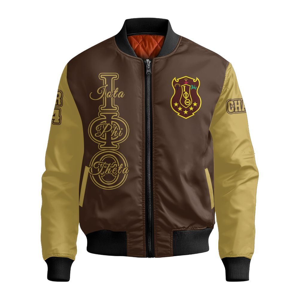 Ireishprint Iota Phi Theta Custom Chapter Bomber Jacket, Personalized Gilded Gold Sleeve Charcoal Brown Iota Phi Theta Fraternity Bomber Jacket