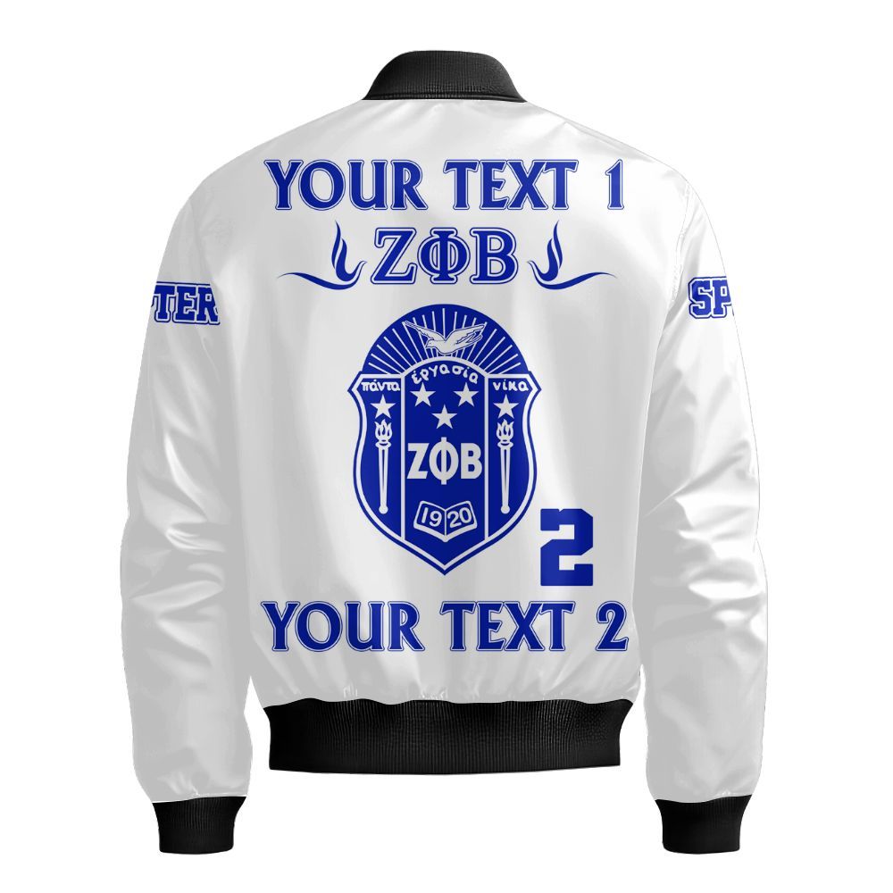 Ireishprint Zeta Phi Beta Custom Full Line Bomber Jacket, Crest Highlight Z-Blue Duo White Color 1920 Sorority Bomber Jacket