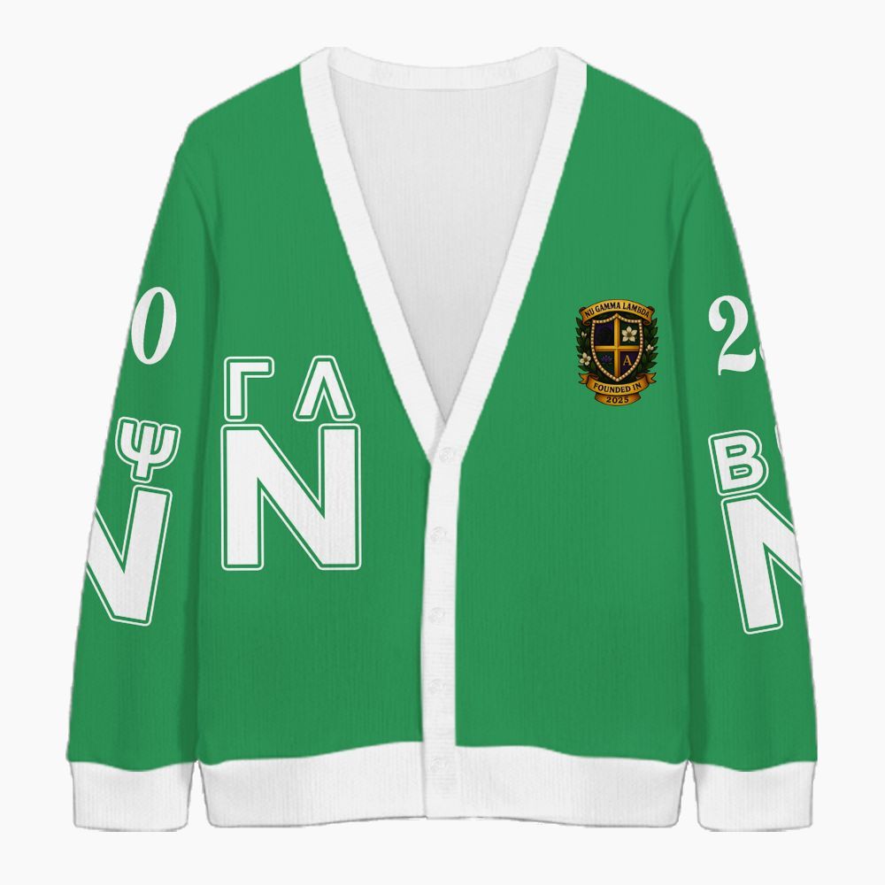 Ireishprint Nu Gamma Lambda Custom Chapter Cardigan, Personalized Kelly Green Nu Gamma Lambda Sorority Knitted Cardigan