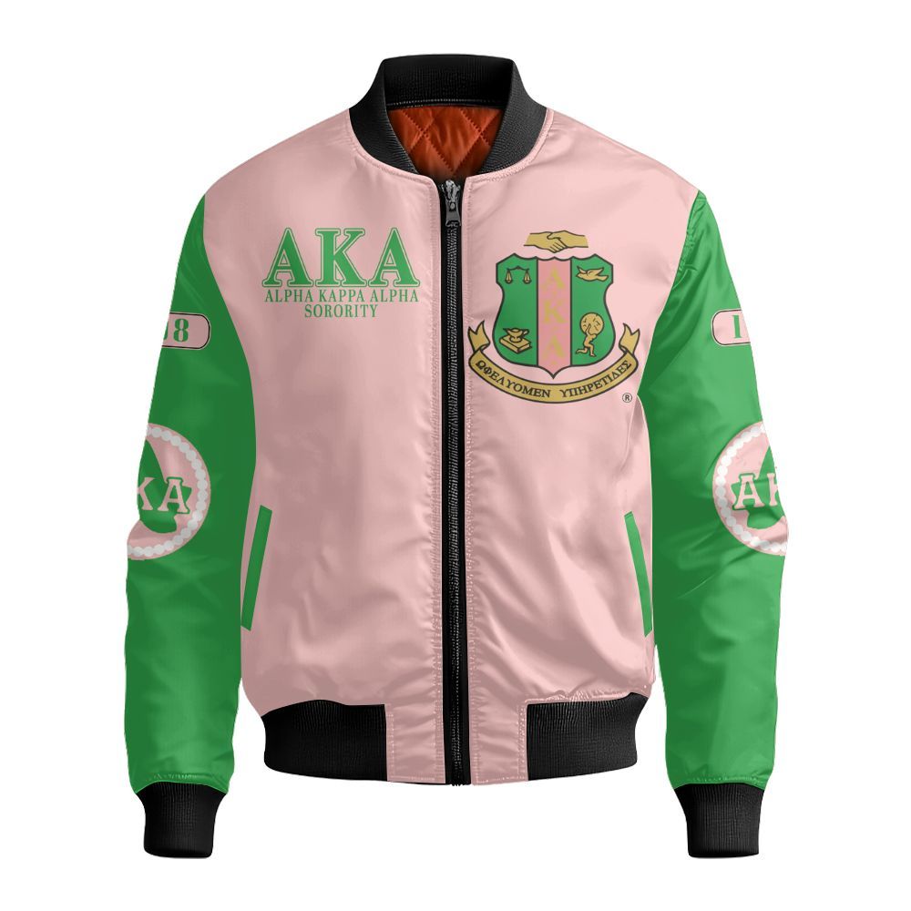 Ireishprint A.K.A Varsity Jacket, Salmon Pink And Apple Green Mix 1908 Sorority Bomber Jacket
