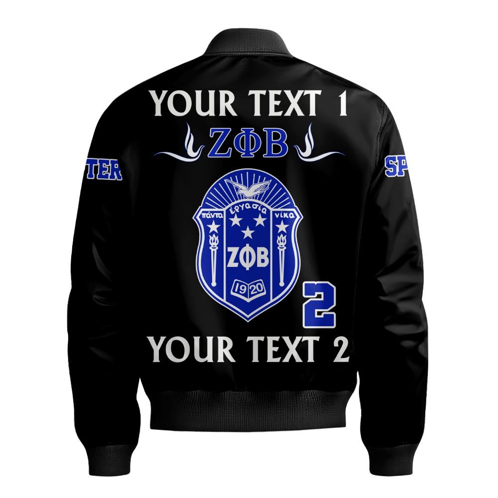 Ireishprint Zeta Phi Beta Custom Full Line Bomber Jacket, Crest Highlight Z-Blue Duo Black Color 1920 Sorority Bomber Jacket