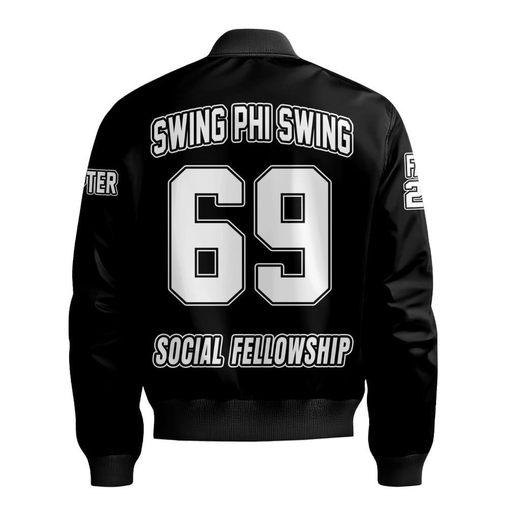 Ireishprint Swing Phi Swing Custom Chapter Stitched Jacket, Personalized Black Stitched Jacket Swing Phi Swing Sorority Bomber Jacket