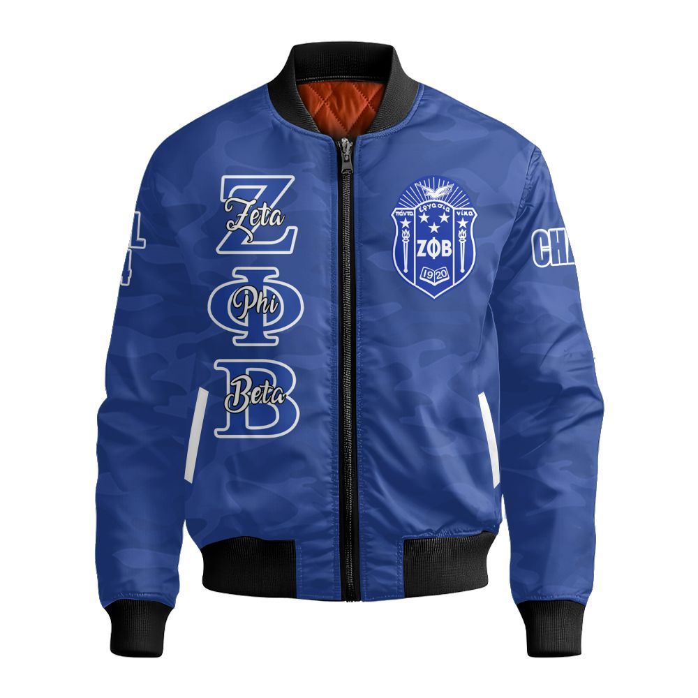 Ireishprint Zeta Phi Beta Custom Chapter Shirt, Personalized Camouflage Blue Style Zeta Phi Beta Sorority Bomber Jacket