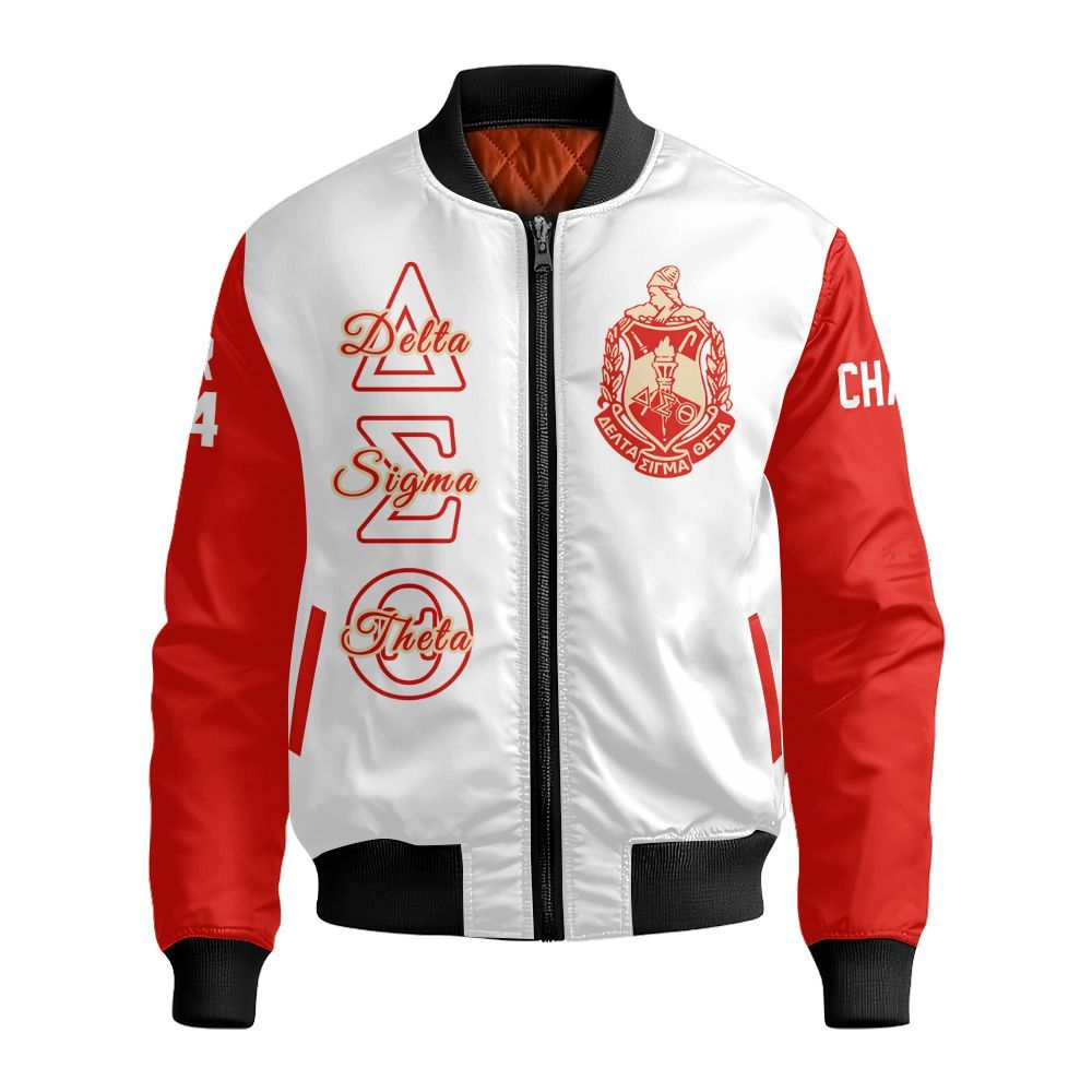 Ireishprint Delta Sigma Theta Custom Chapter Bomber Jacket, Personalized White Mix Crimson Sleeve Delta Sigma Theta Sorority Bomber Jacket