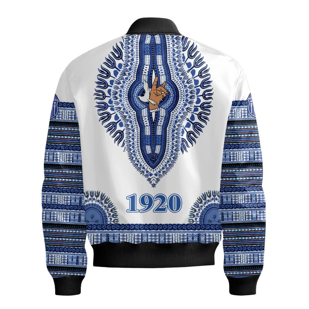 Ireishprint Zeta Phi Beta Varsity Jacket, Z-Phi-B Blue Daishiki Pattern Style 1920 Sorority Bomber Jacket