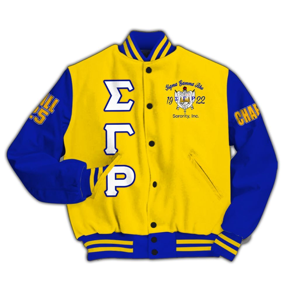 Ireishprint Sigma Gamma Rho Custom Chapter Varsity Jacket, Gold Duo RHoyal Blue Style 1922 Sorority Jacket