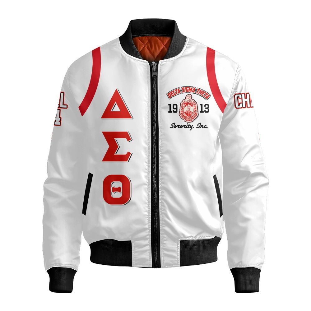 Ireishprint Delta Sigma Theta Custom Chapter Varsity Jacket, Delta Sigma Theta Crimson Shoulder Line White Jacket 1913 Sorority Bomber Jacket