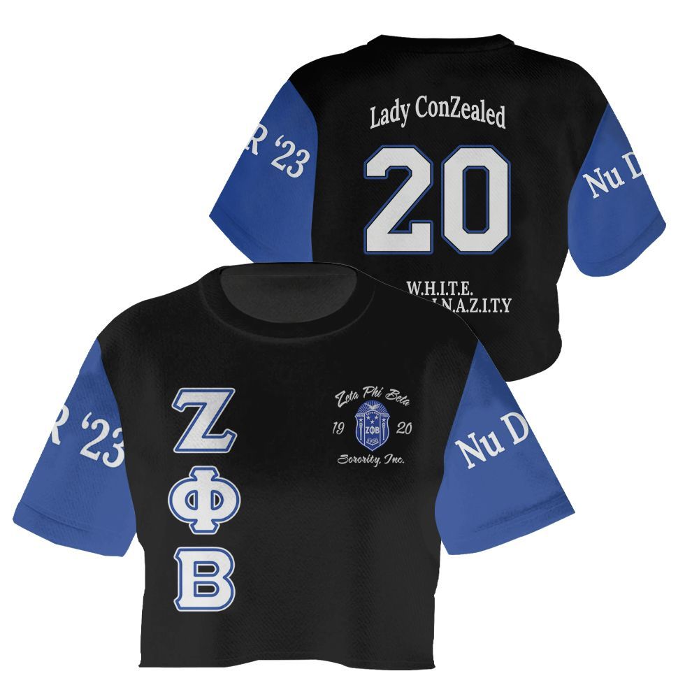 Ireishprint Zeta Phi Beta Custom Chapter Crop Shirt, Z-Phi-B Black Mix Blue Sleeves 1920 Sorority Crop Top