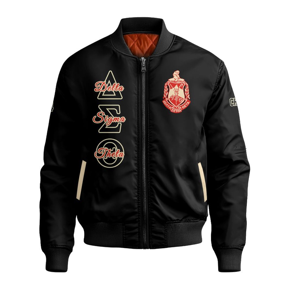 Ireishprint Delta Sigma Theta Custom Chapter Crop Shirt, Personalized Black Cream Delta Sigma Theta Sorority Bomber Jacket