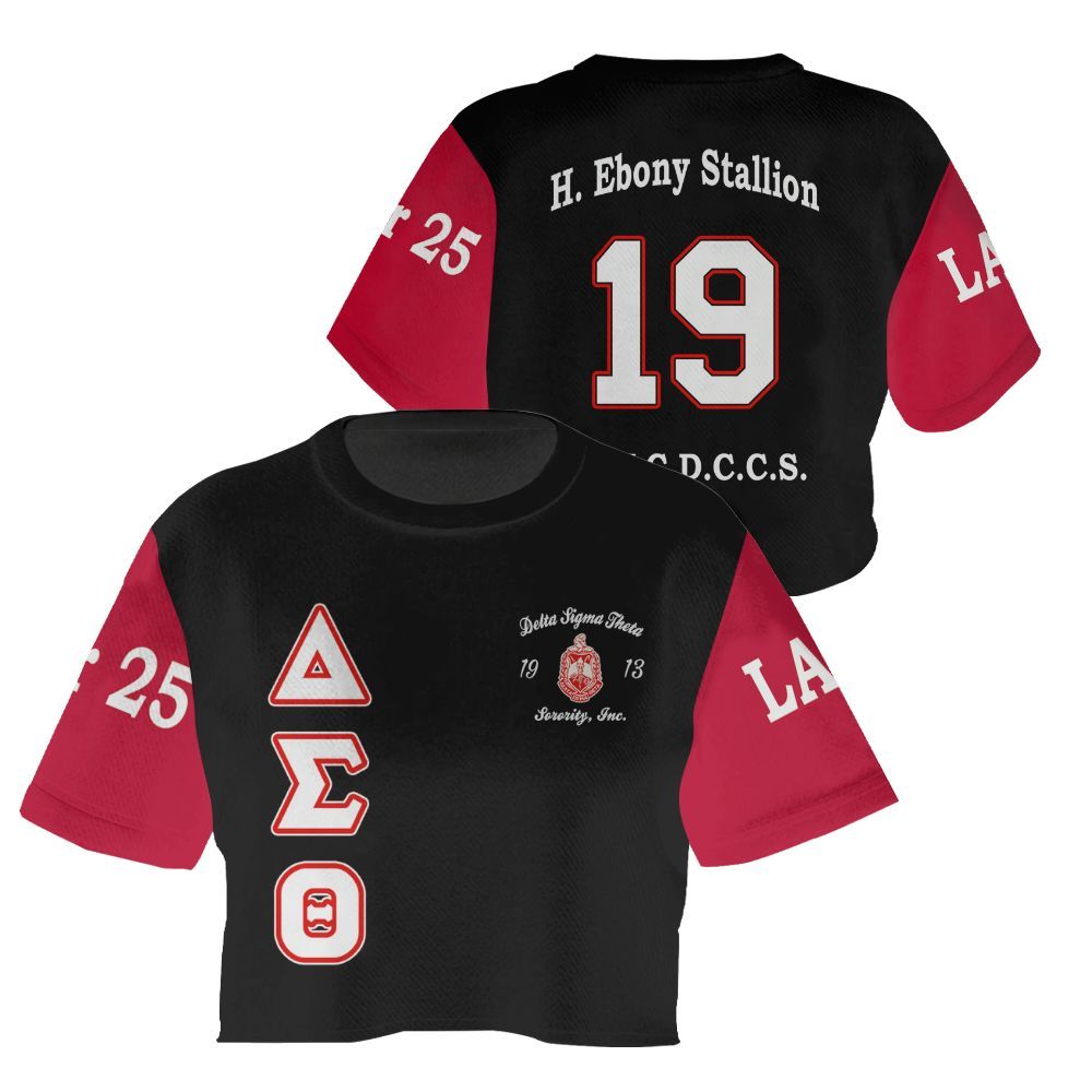 Ireishprint Delta Sigma Theta Custom Chapter Crop Shirt, Black Duo Crimson Sleeves 1913 Sorority Crop Top
