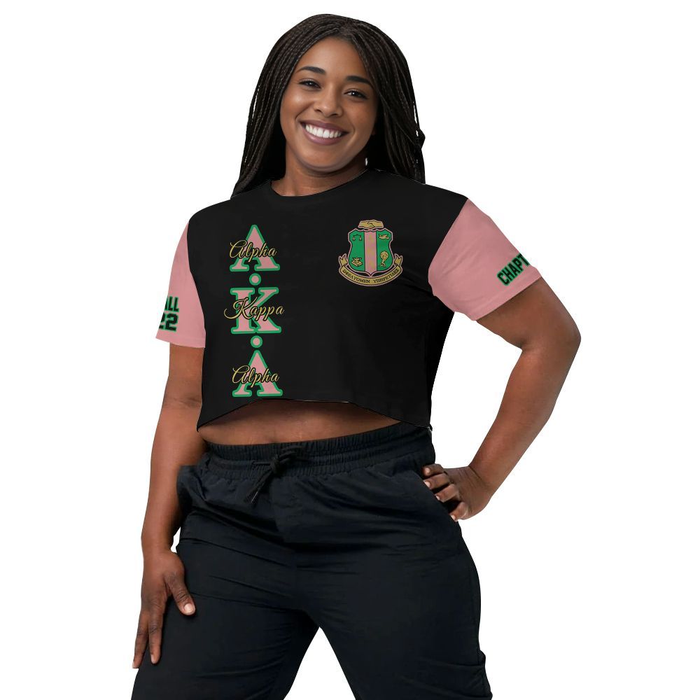 Ireishprint A.K.A Custom Chapter Crop Shirt, Personalized Black Mix Salmon Pink Sorority Crop Top