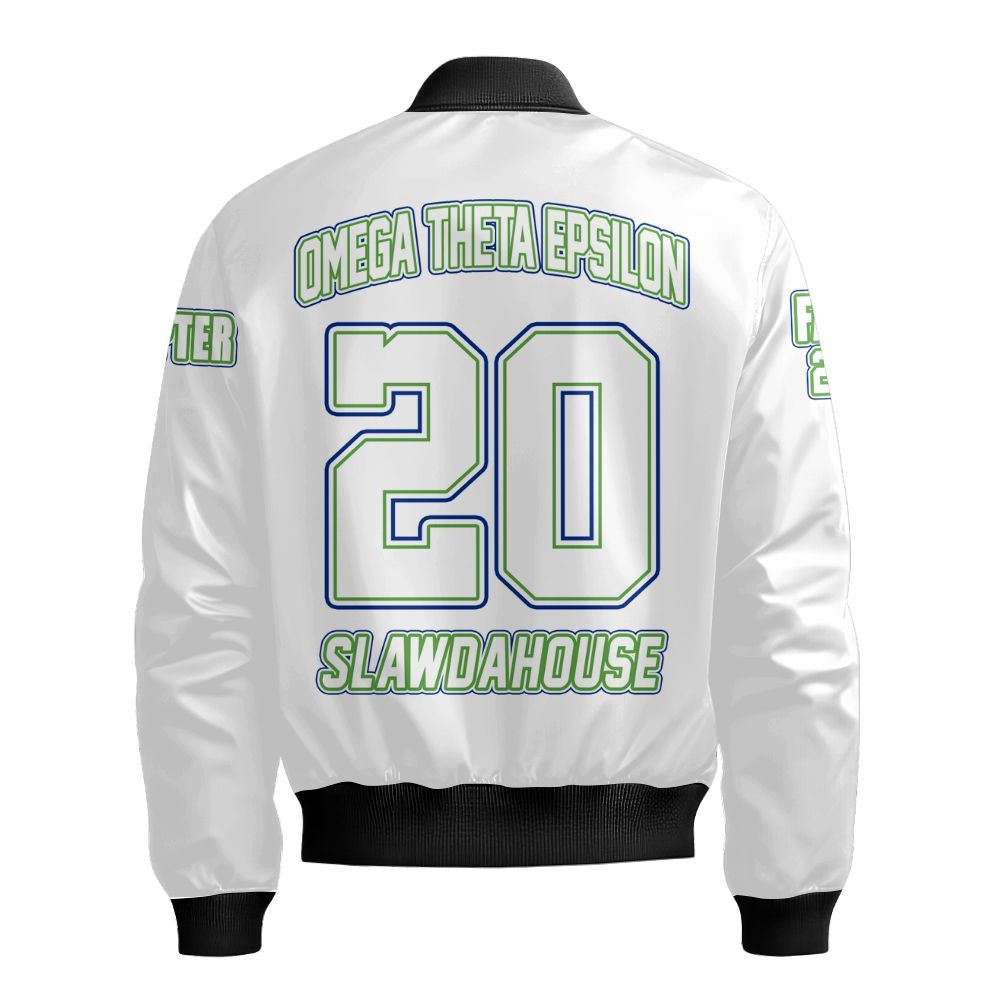 Ireishprint Omega Theta Epsilon Custom Chapter Varsity Jacket, Custom Omega Theta Epsilon Sorority White Jacket Since 2024 Sorority Bomber Jacket