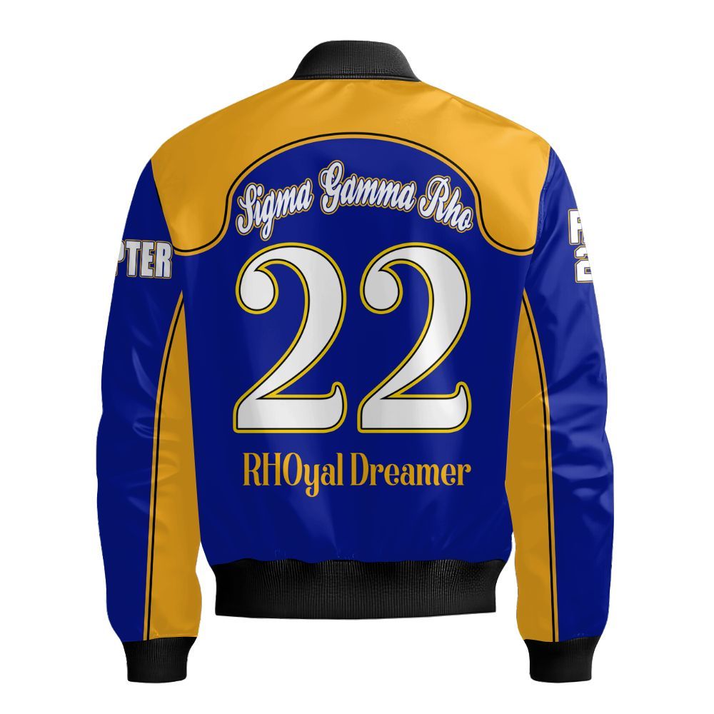 Ireishprint Sigma Gamma Rho Custom Chapter Bomber Jacket, Gold Racing Style 1922 Sorority Bomber Jacket