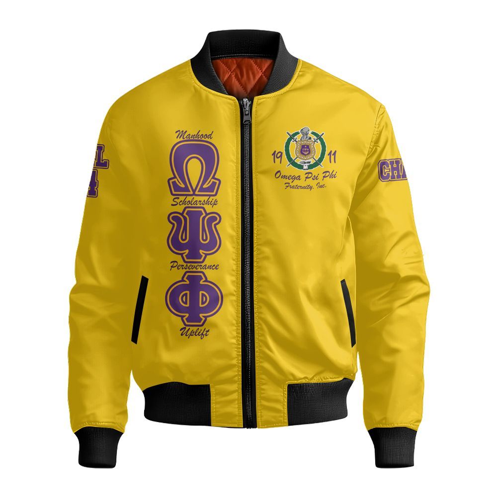 Ireishprint ΩΨΦ Custom Chapter Polo Shirt, Personalized Yellow Polo Shirt ΩΨΦ Fraternity Bomber Jacket