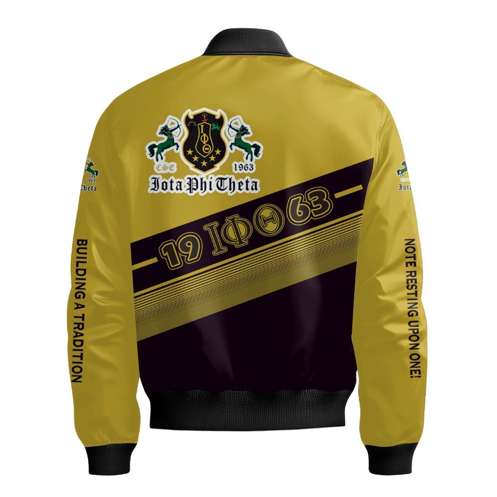 Ireishprint Iota Phi Theta Shirt, Charcoal Brown Gold Sleeves Inspired Traditional ΙΦΘ 1963 Fraternity Bomber Jacket