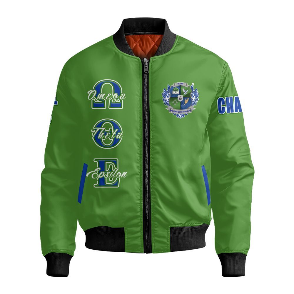 Ireishprint Omega Theta Epsilon Custom Chapter Varsity Jacket, Omega Theta Epsilon Fraternity Green Custom Jacket Since 2024 Fraternity Bomber Jacket